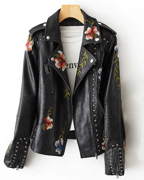 Valentina retro floral embroidered vegan leather jacket with stud accents by Lumina Wear, featuring colorful floral embroidery and studded details.