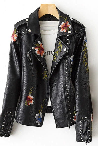 Valentina retro floral embroidered vegan leather jacket with stud accents by Lumina Wear, showcasing intricate embroidery and stylish design.