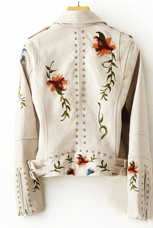 Valentina retro floral embroidered vegan leather jacket with stud accents by Lumina Wear, showcasing detailed embroidery and stylish design.
