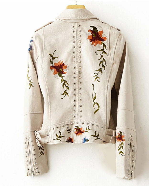 Valentina retro floral embroidered vegan leather jacket with stud accents from Lumina Wear, showing detailed embroidery and stylish design.