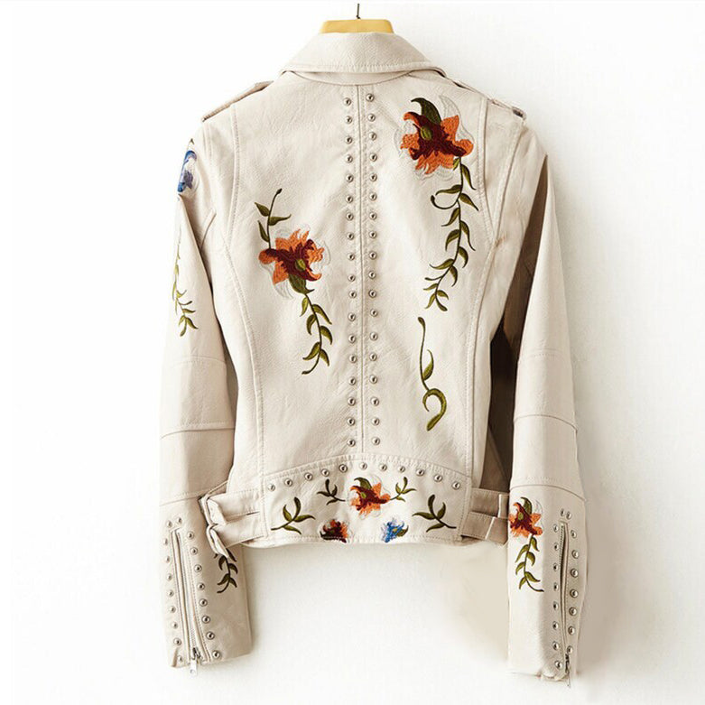 Valentina retro floral embroidered vegan leather jacket with stud accents by Lumina Wear, showcasing detailed embroidery and stylish design.