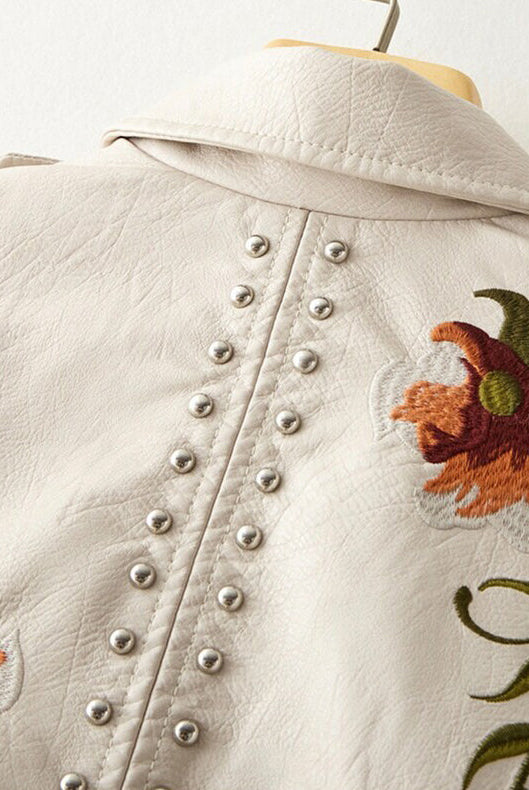 Valentina retro floral embroidered vegan leather jacket with stud accents by Lumina Wear, shown with detailed embroidery and stylish design.