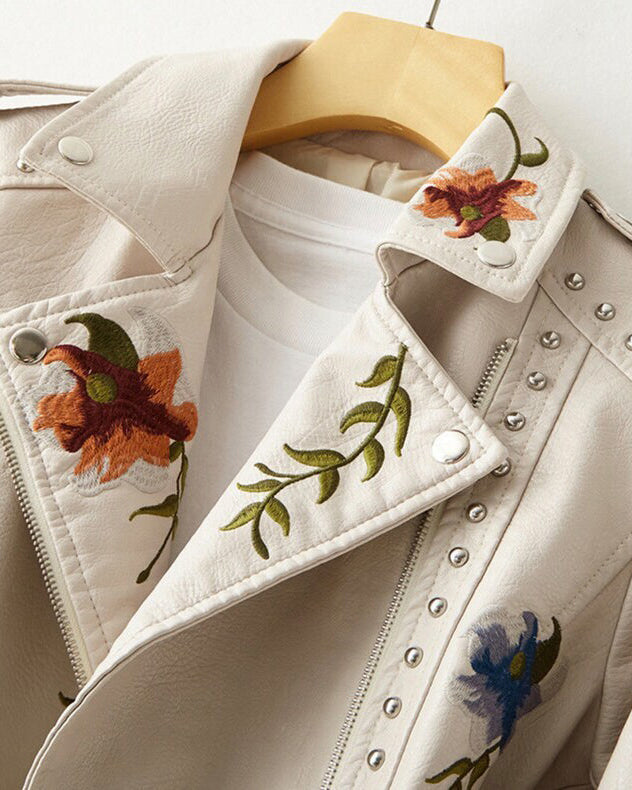 Valentina retro floral embroidered vegan leather jacket with stud accents from Lumina Wear, showcasing detailed embroidery and stylish design.