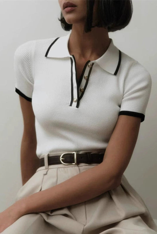 Valentina Lumina Wear ribbed knit top with structured fit and contrasting lapel, featuring a stylish and modern design.