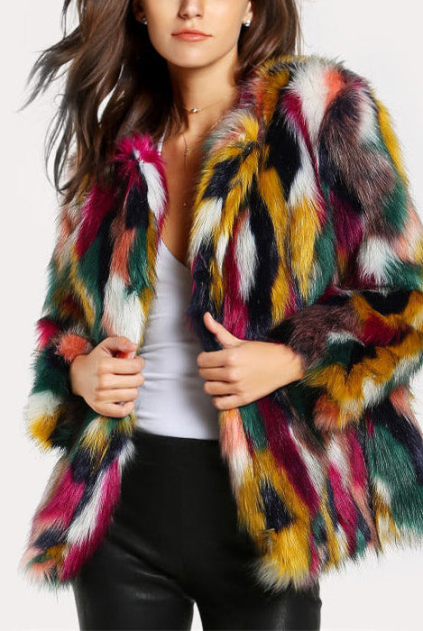 Vibrant multi-colored faux fur coat with open front by Lumina Wear, stylish and cozy for cold weather.