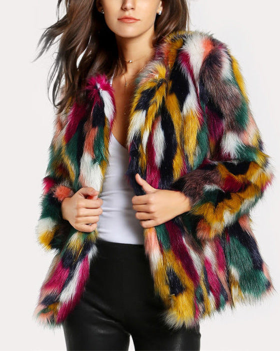 Vibrant multi-colored faux fur coat with open front from Lumina Wear, shown on a model with bold, colorful style.