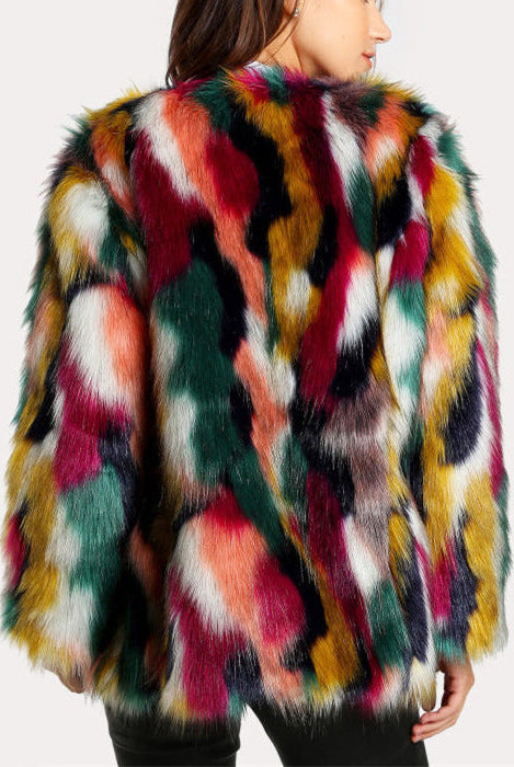 Vibrant multi-colored faux fur coat with open front from Lumina Wear, featuring a bold, plush texture and stylish design.