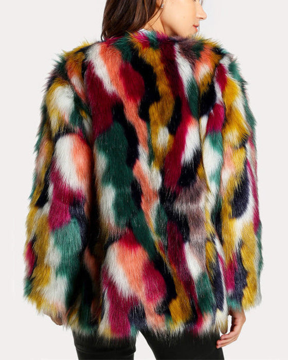 Vibrant multi-colored faux fur coat with open front from Lumina Wear, featuring bold patterns and a cozy, plush texture.