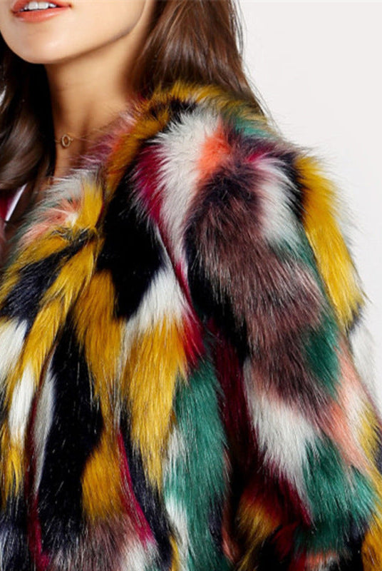 Vibrant multi-colored faux fur coat with open front from Lumina Wear, styled on a mannequin, showcasing bold, textured fur design.