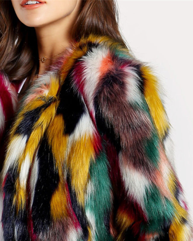 Vibrant multi-colored faux fur coat with open front from Lumina Wear, stylish and cozy outerwear for cold weather.