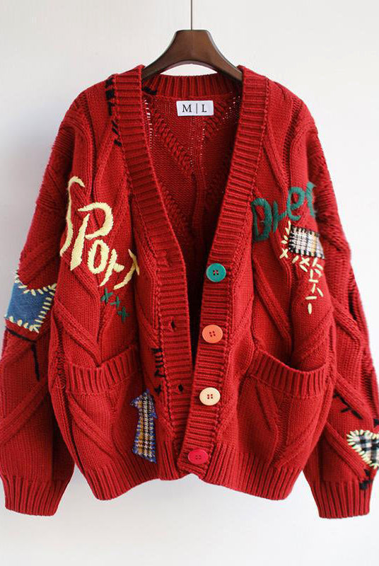 Vintage-inspired Lumina Valentina patchwork knit cardigan with colorful buttons, cozy and stylish for layered fall looks.