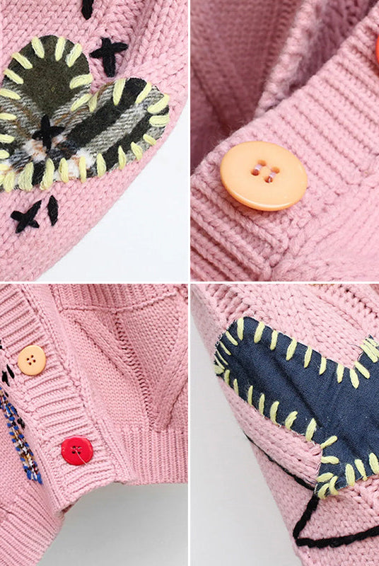 Vintage-inspired patchwork knit cardigan by Lumina Wear with colorful button accents and cozy, handcrafted design.