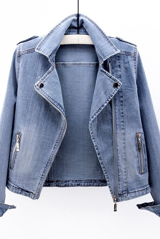 Black vintage moto cut denim jacket by Lumina Wear with zip pockets, featuring a classic rugged style and tailored fit.