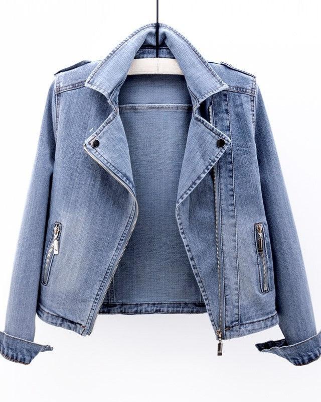 Black vintage moto cut denim jacket with zip pockets by Lumina Wear, featuring a stylish and classic design.