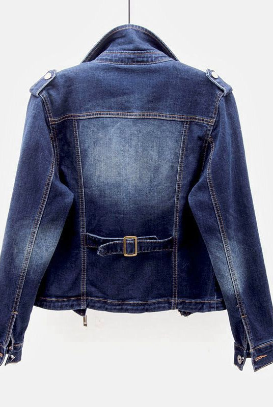 Black vintage moto cut denim jacket with zip pockets by Lumina Wear, featuring a classic design and stylish details.