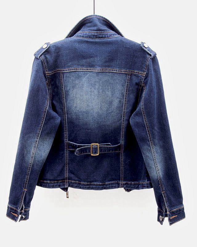 Black vintage denim moto jacket with zip pockets by Lumina Wear, featuring a stylish cut and classic design.