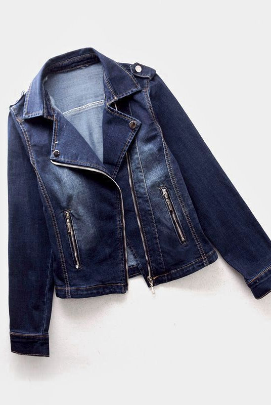 Black vintage moto cut denim jacket with zip pockets by Lumina Wear, featuring a classic design and stylish detailing.