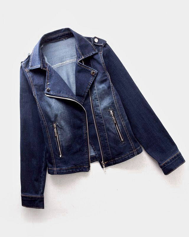 Black vintage moto cut denim jacket with zip pockets by Lumina Wear, featuring a stylish and classic design.