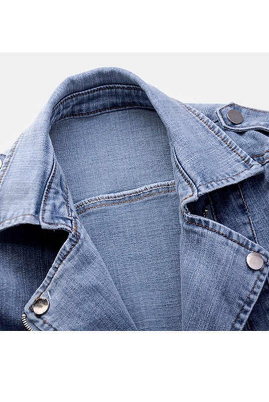 Black vintage moto cut denim jacket with zip pockets from Lumina Wear Verona collection, featuring classic style and detailed stitching.