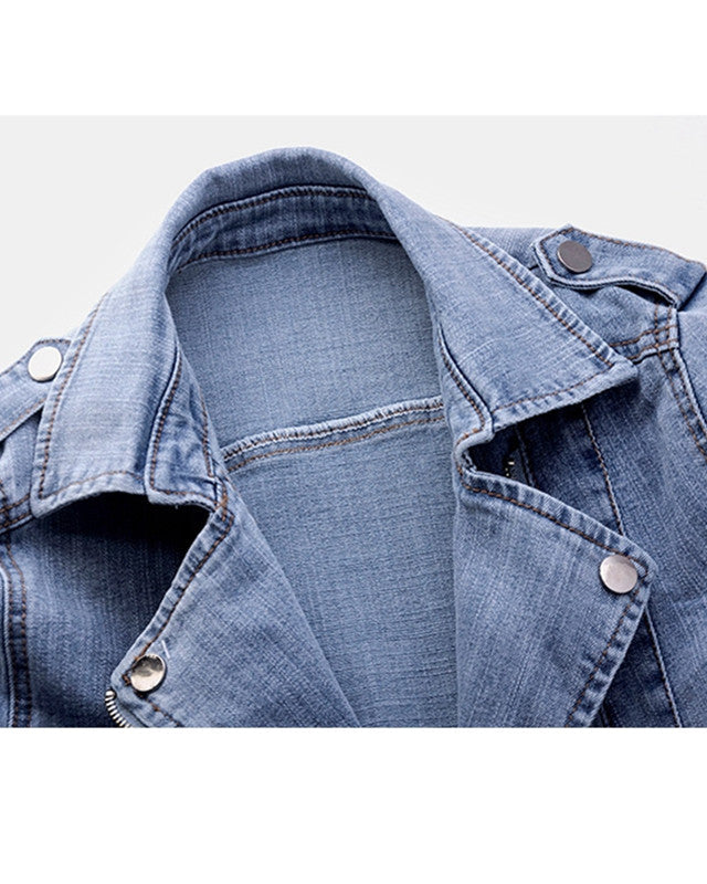 Black vintage moto cut denim jacket with zip pockets from Lumina Wear Verona collection, featuring classic style and rugged details.