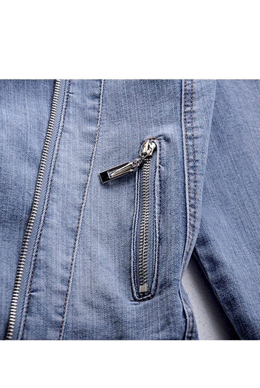Black vintage moto cut denim jacket with zip pockets from Lumina Wear Verona collection, featuring classic styling and metal zippers.