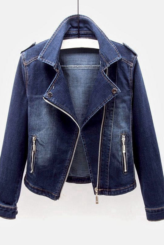 Black vintage moto cut denim jacket with zip pockets by Lumina Wear, featuring a stylish and fitted design.