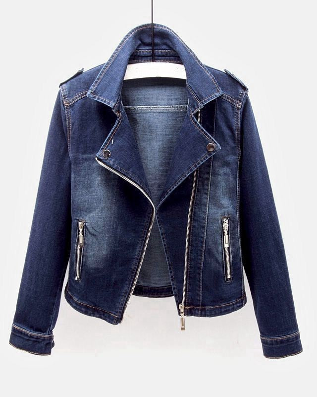Black vintage moto denim jacket with zip pockets from Lumina Wear's Verona collection, featuring a classic cut and stylish design.
