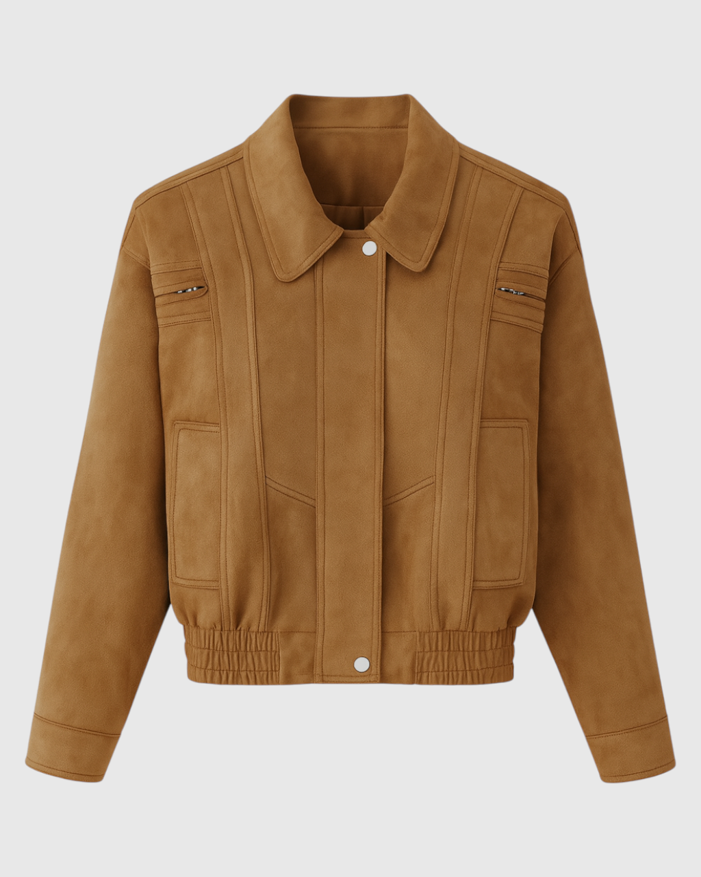 Elegant brown bomber jacket by Lumina Wear, featuring versatile design and stylish details perfect for casual or dressy outfits.