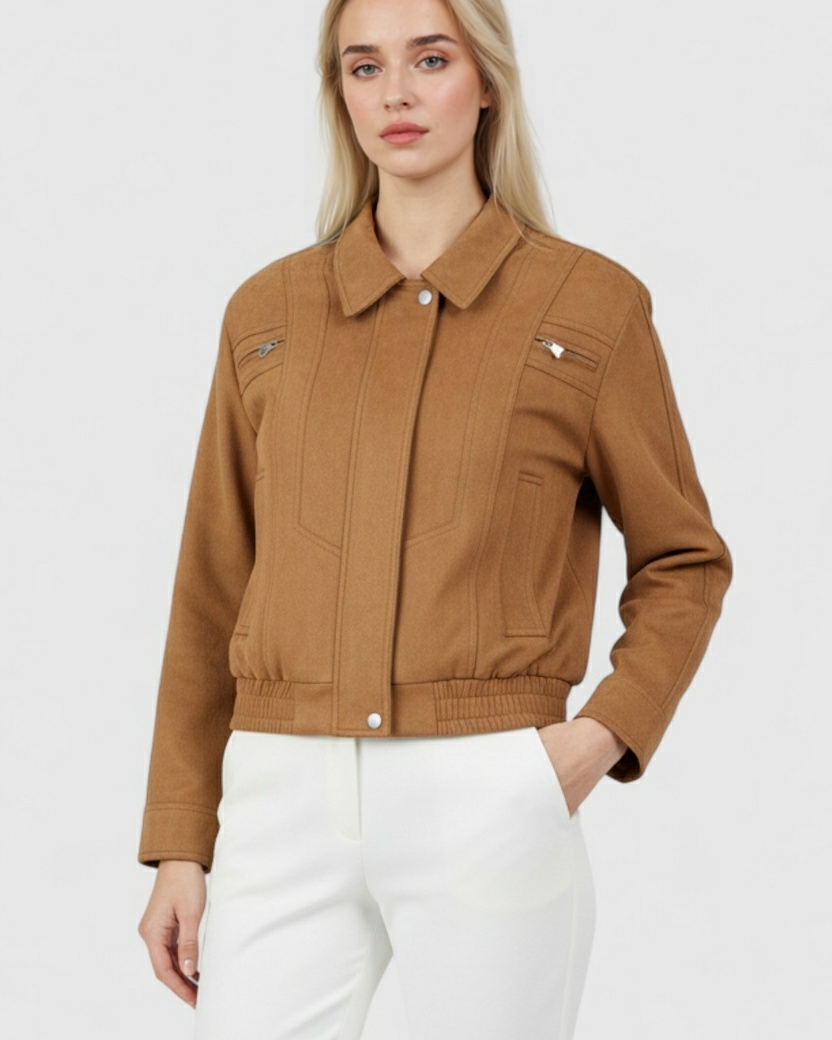 Elegant brown bomber jacket by Lumina Wear featuring versatile design and stylish details, perfect for casual or dressy looks.