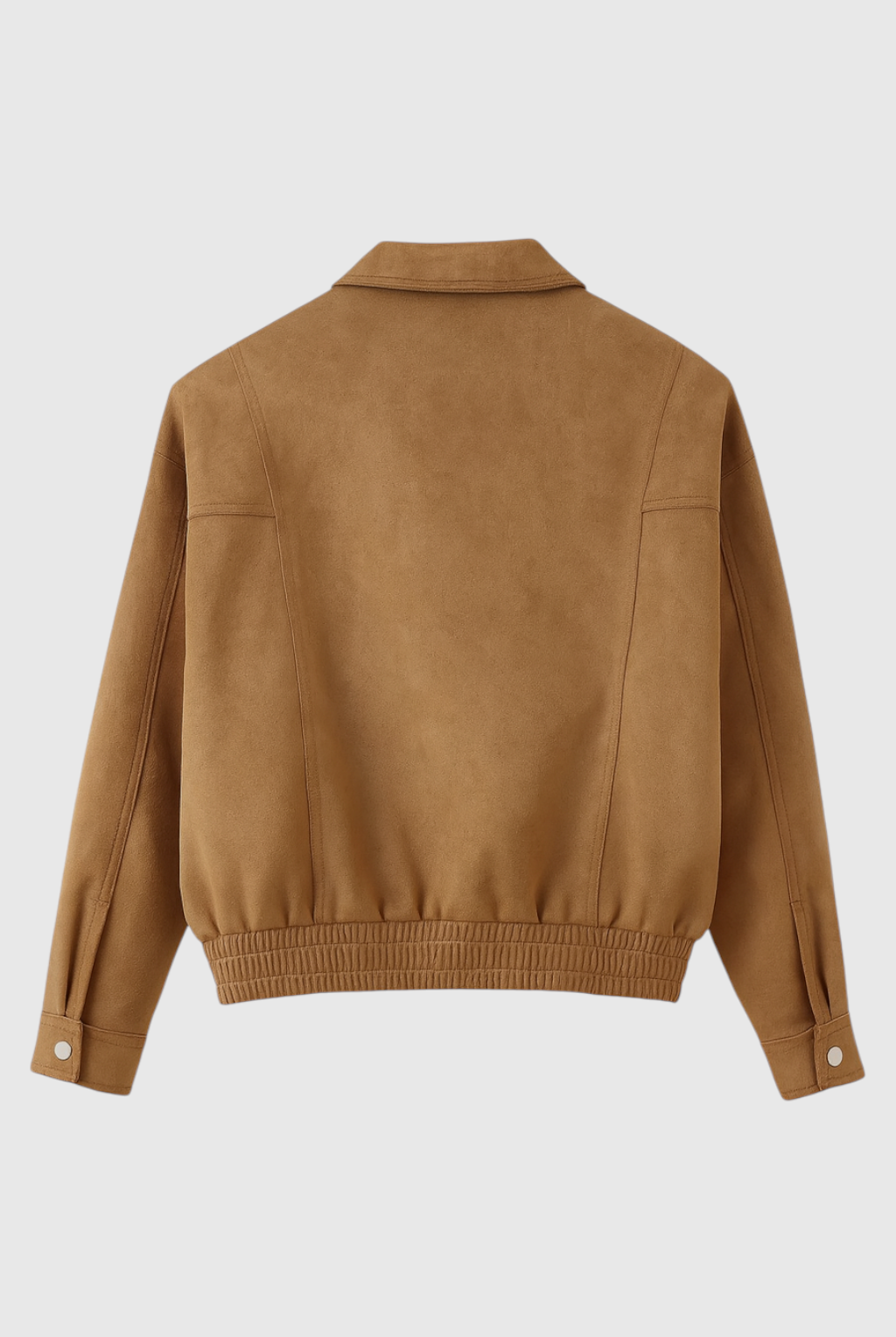 Victoria Lumina brown bomber jacket with versatile design, stylishly displayed on a model showcasing its elegant fit and detailing.
