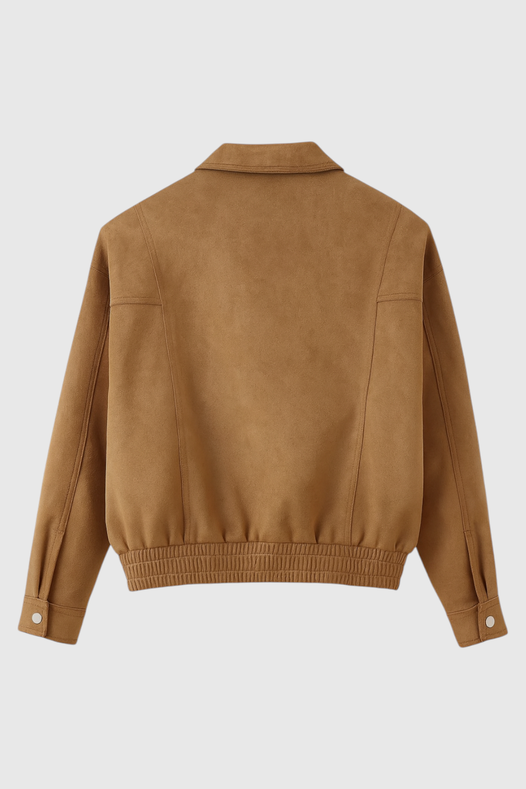 Victoria Lumina brown bomber jacket with versatile design, stylishly displayed on a model showcasing its elegant fit and detailing.