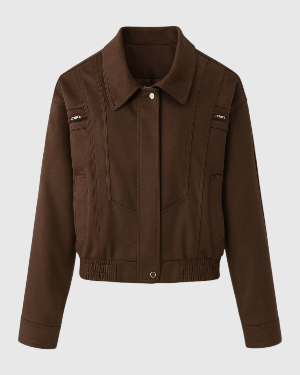 Dark brown bomber jacket by Lumina Wear, featuring a stylish, versatile design with a sleek, elegant look.