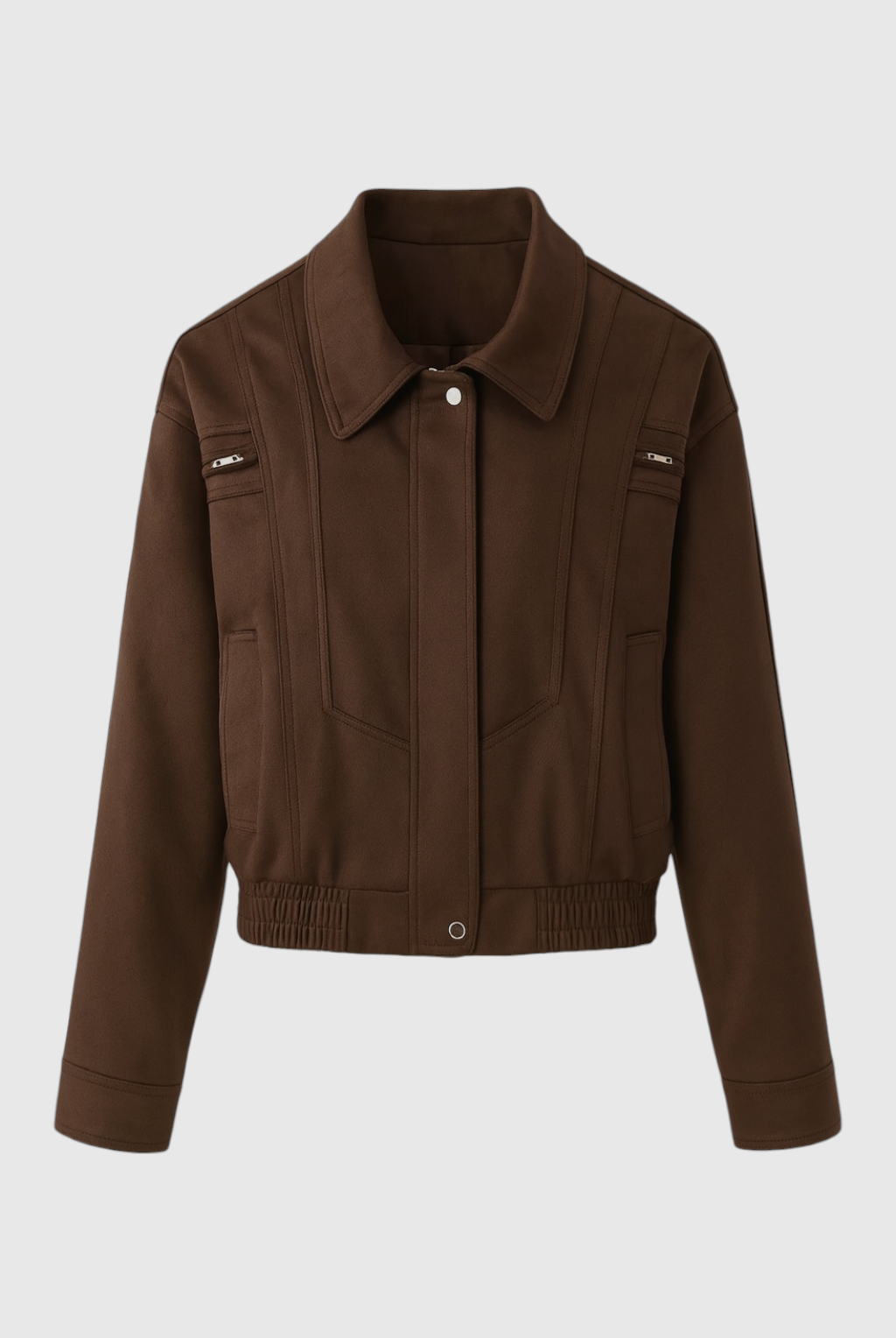 Dark brown bomber jacket by Lumina Wear featuring a sleek, versatile design and stylish fit, shown on a model.