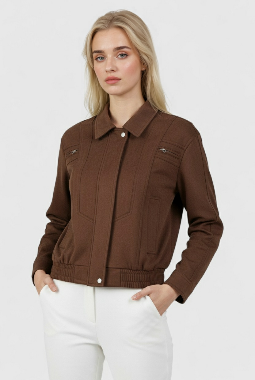 Dark brown Victoria bomber jacket by Lumina Wear, stylish and versatile with a sleek, fitted design for casual or semi-formal wear.