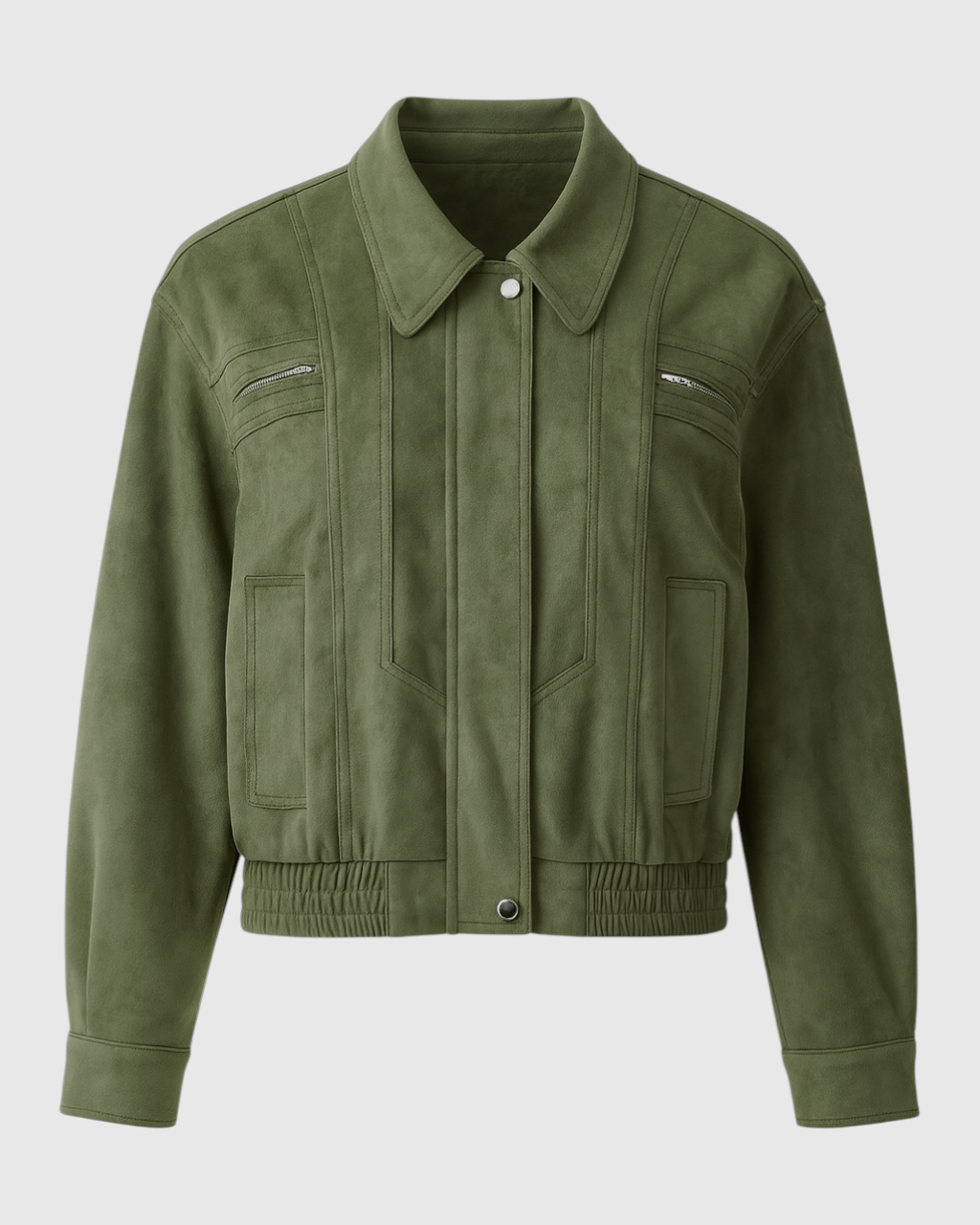 Elegant green Lumina Wear Victoria bomber jacket with timeless style, featuring a sleek design and classic fit.