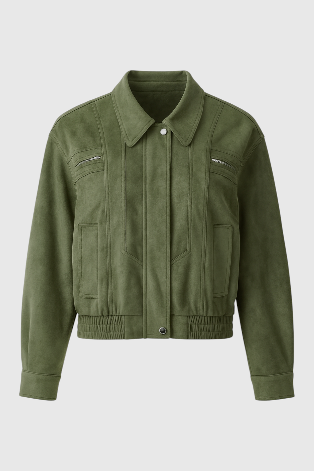 Victoria green bomber jacket by Lumina Wear, showcasing a stylish, elegant design with a fitted silhouette and modern details.