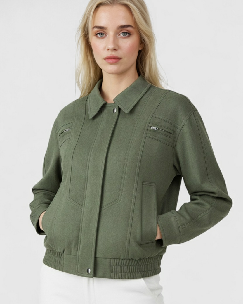 Elegant green bomber jacket by Lumina Wear, featuring a classic style and stylish design with a fitted silhouette.