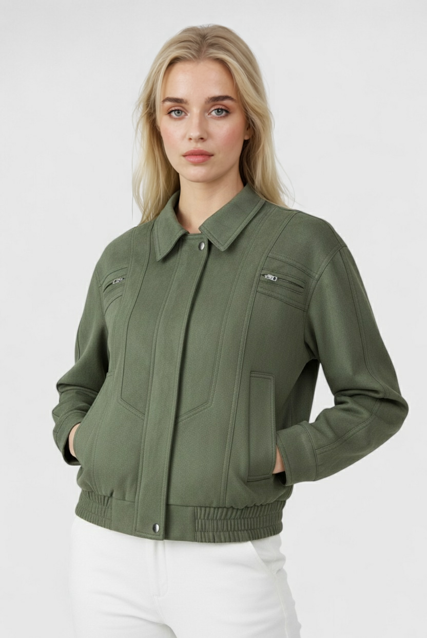 Elegant green bomber jacket by Lumina Wear, showcasing a stylish and timeless design with a fitted silhouette.