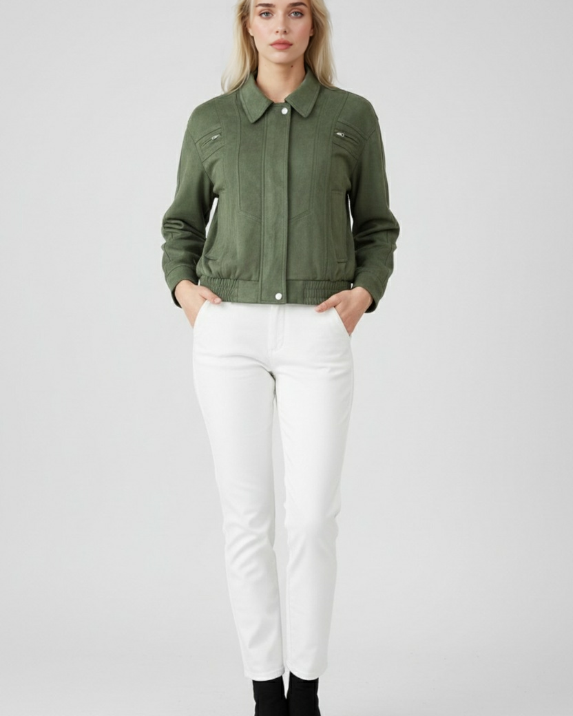 Elegant green bomber jacket by Lumina Wear, featuring a stylish design and modern fit, showcased on a model.