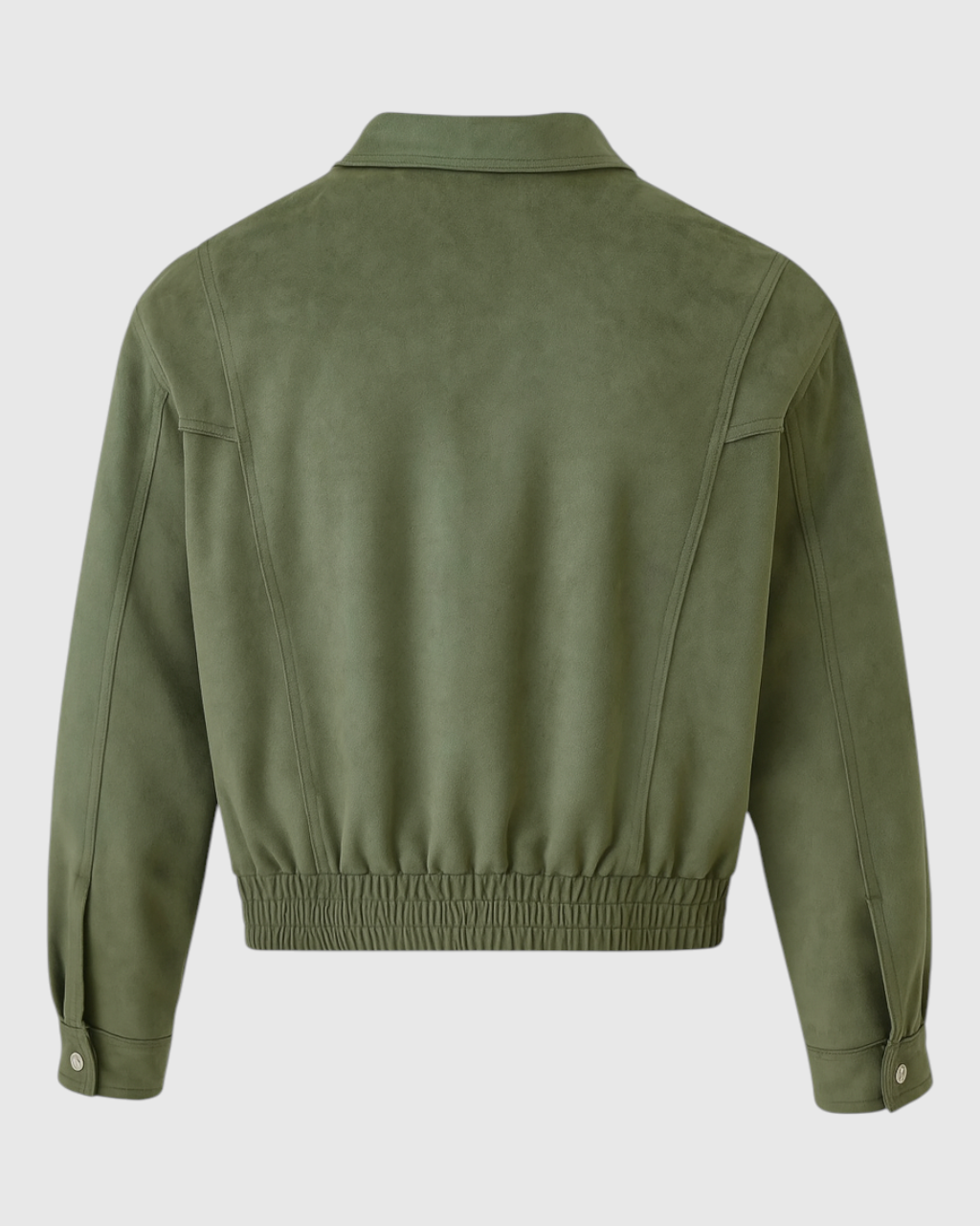Elegant green bomber jacket by Lumina Wear, featuring a stylish design and timeless silhouette in a close-up view.