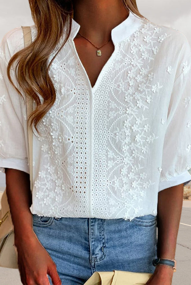 Victoria Lumina Wear elegant puff sleeve blouse with V neck design, shown in a stylish, lightweight fabric.