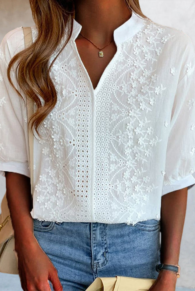 Lumina Wear Victoria puff sleeve blouse with V-neck design, featuring elegant fabric and stylish silhouette for a sophisticated look.