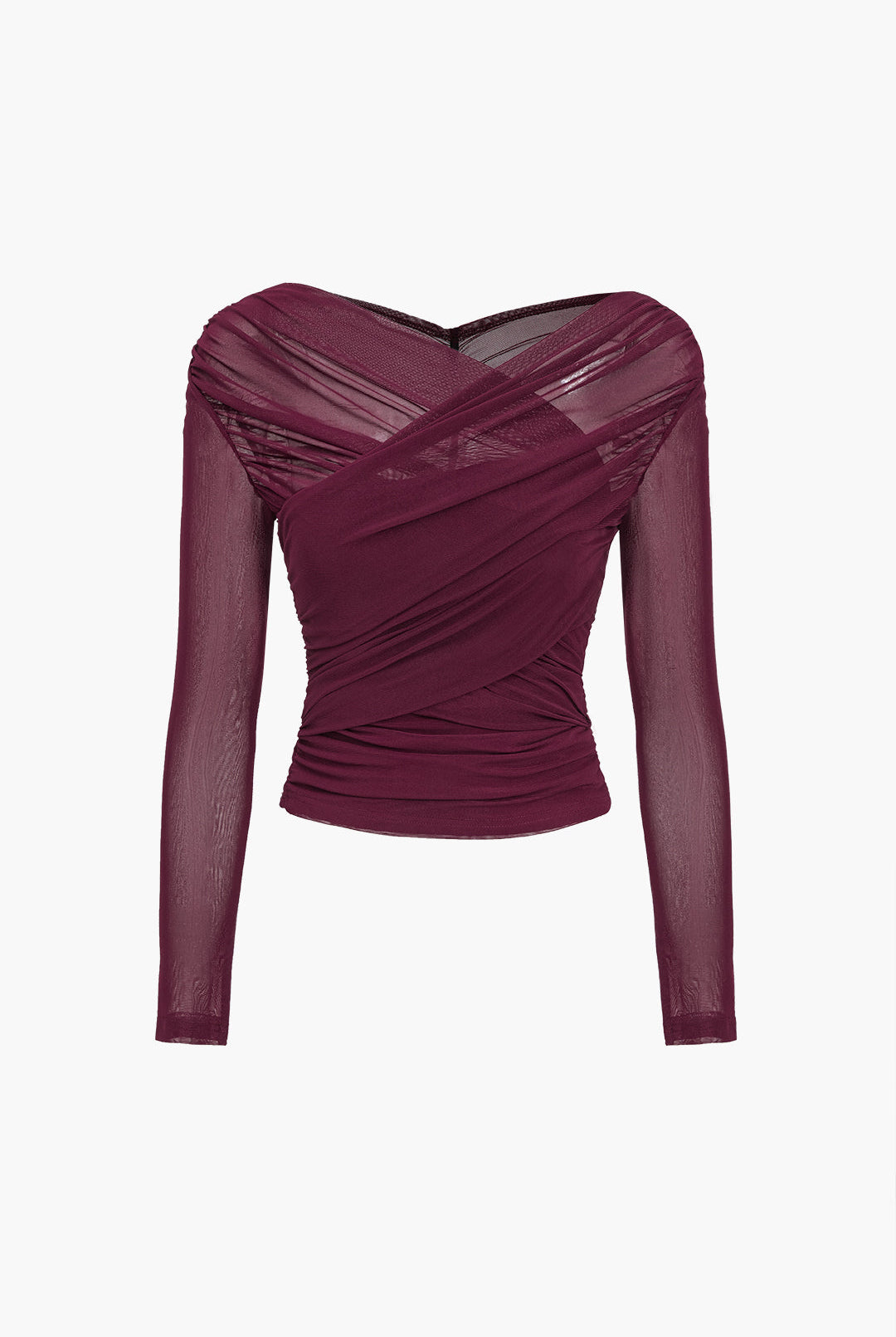 Victoria Lumina Wear elegant ruched mesh blouse with long sleeves, stylish and lightweight for a chic, modern look.
