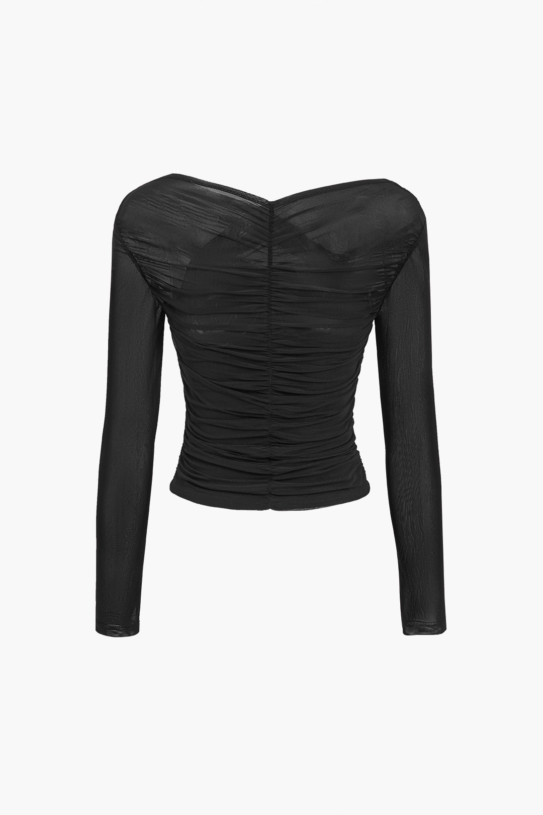 Victoria Lumina Wear elegant ruched mesh blouse with long sleeves, stylish and breathable top for fashionable women.