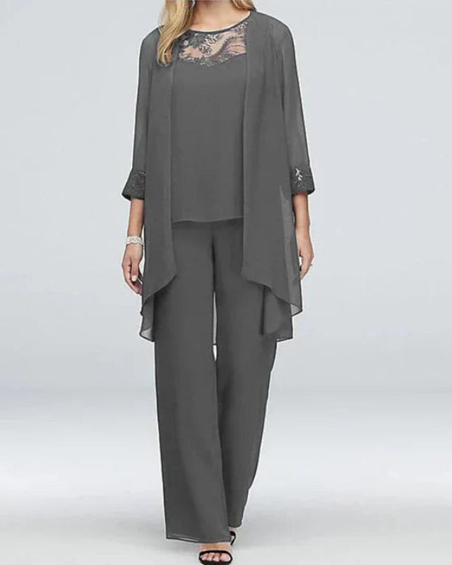 Victoria Lumina Wear elegant spring three-piece pant set featuring versatile style, including a top, pants, and a matching jacket.