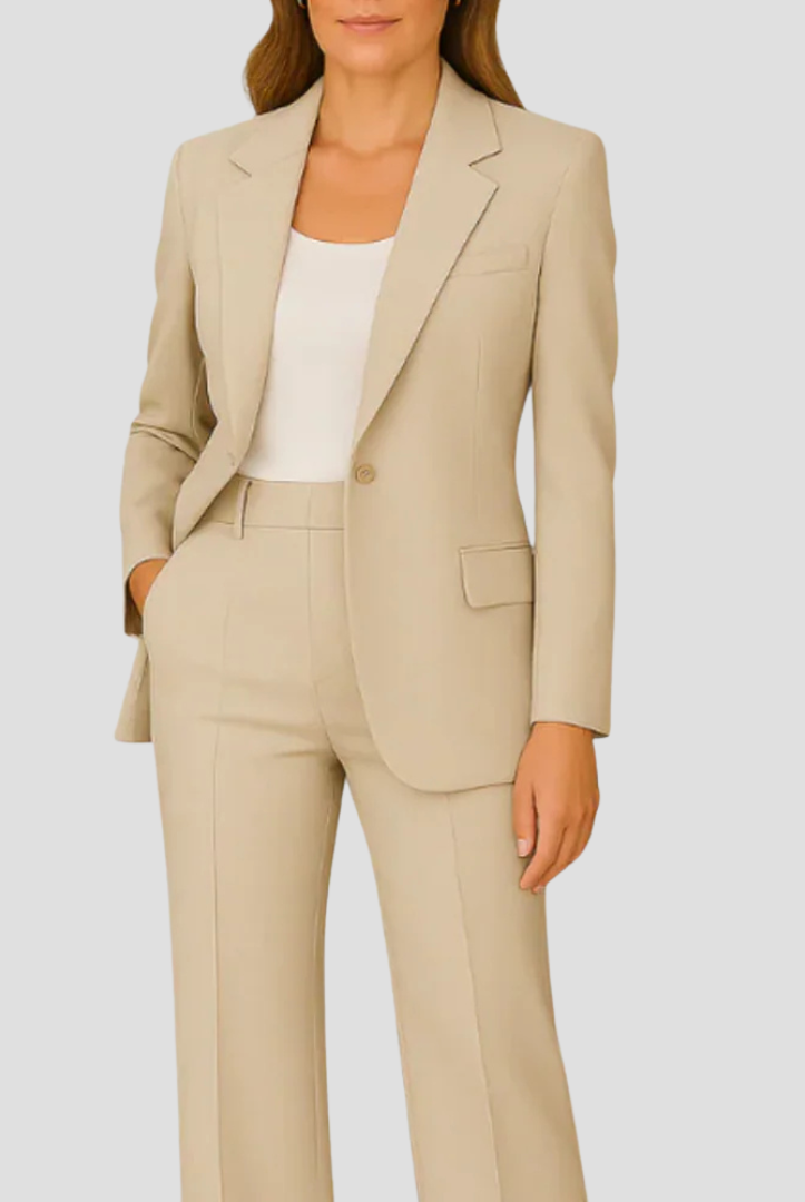 Victoria Lumina Wear tailored suit set featuring a streamlined blazer and matching pants, perfect for elegant professional attire.
