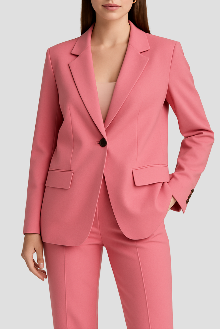 Elegant Victoria tailored suit set by Lumina Wear featuring a streamlined blazer and matching trousers on a model.