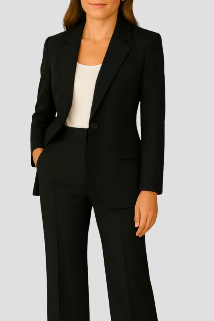 Victoria Lumina Wear tailored suit set featuring an elegant, streamlined blazer and matching trousers, perfect for professional attire.