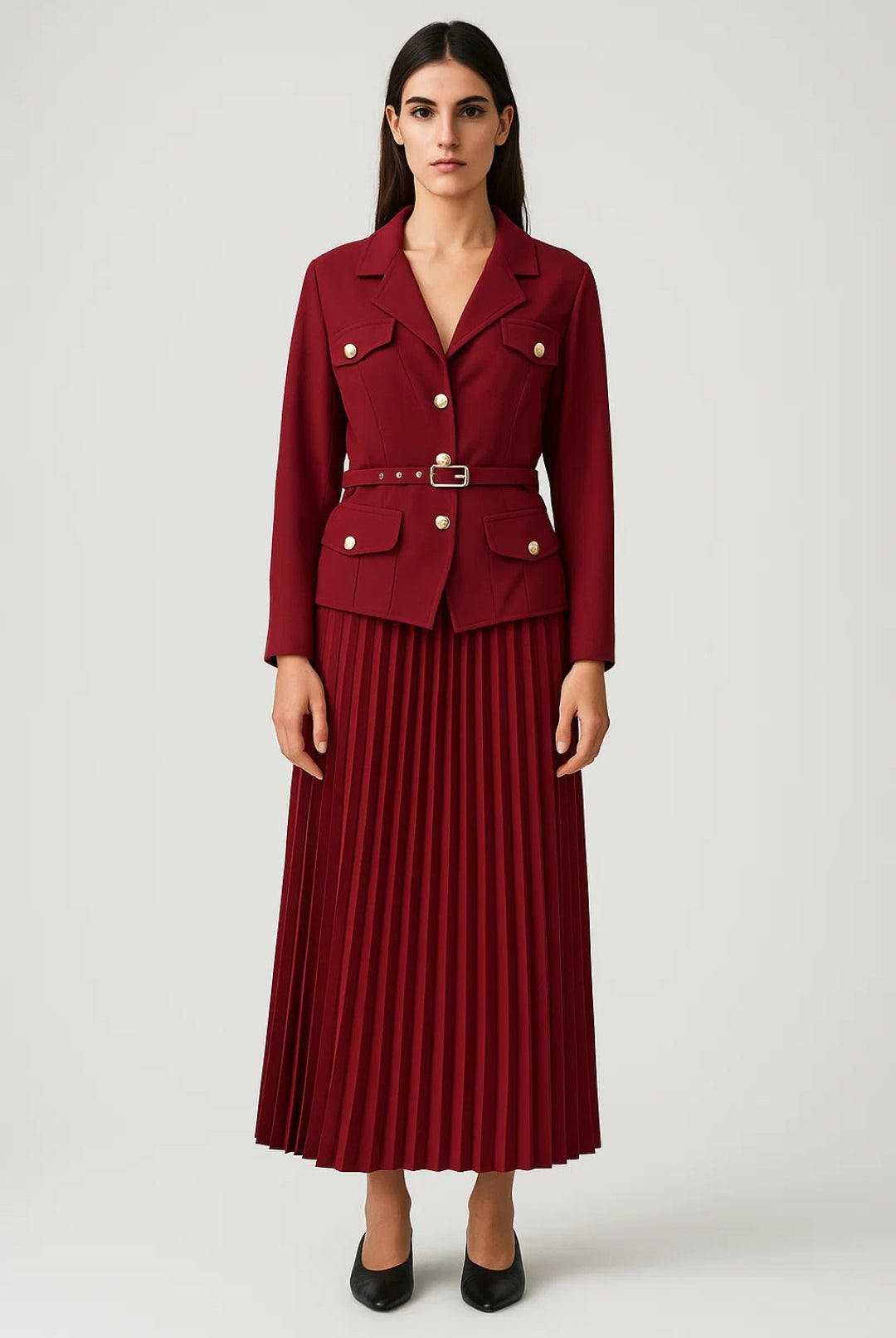 Elegant white women's suit by Lumina Wear featuring a double-breasted blazer and pleated skirt, perfect for sophisticated style.