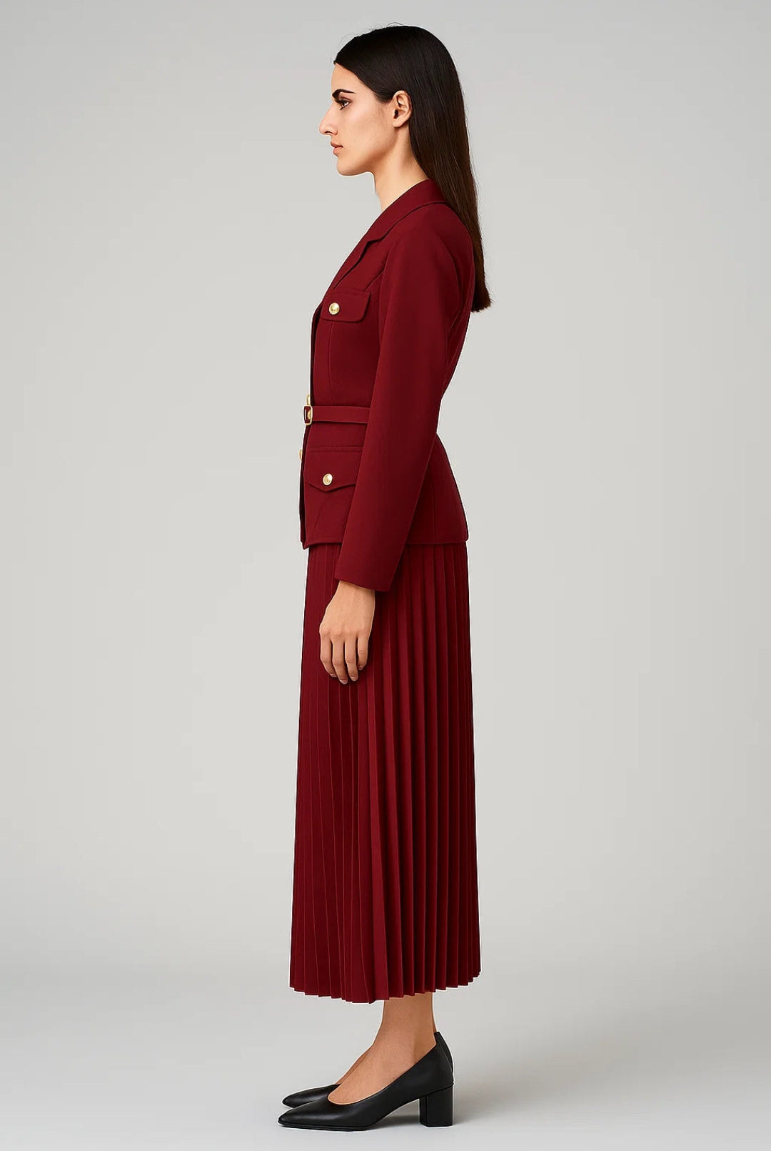 Elegant white women's suit by Lumina Wear featuring a double-breasted blazer and pleated skirt, stylish and sophisticated.